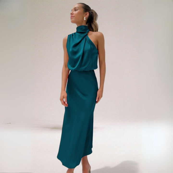 Salomé | Robe Longue Femme Élégante Satinée à Col Drapé